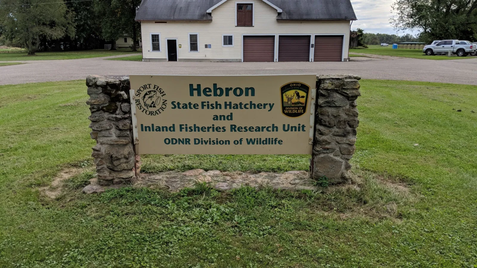 Location sign for Hebron State Fish Hatchery and Inland Fisheries Research Unit, ODNR Division of Wildlife